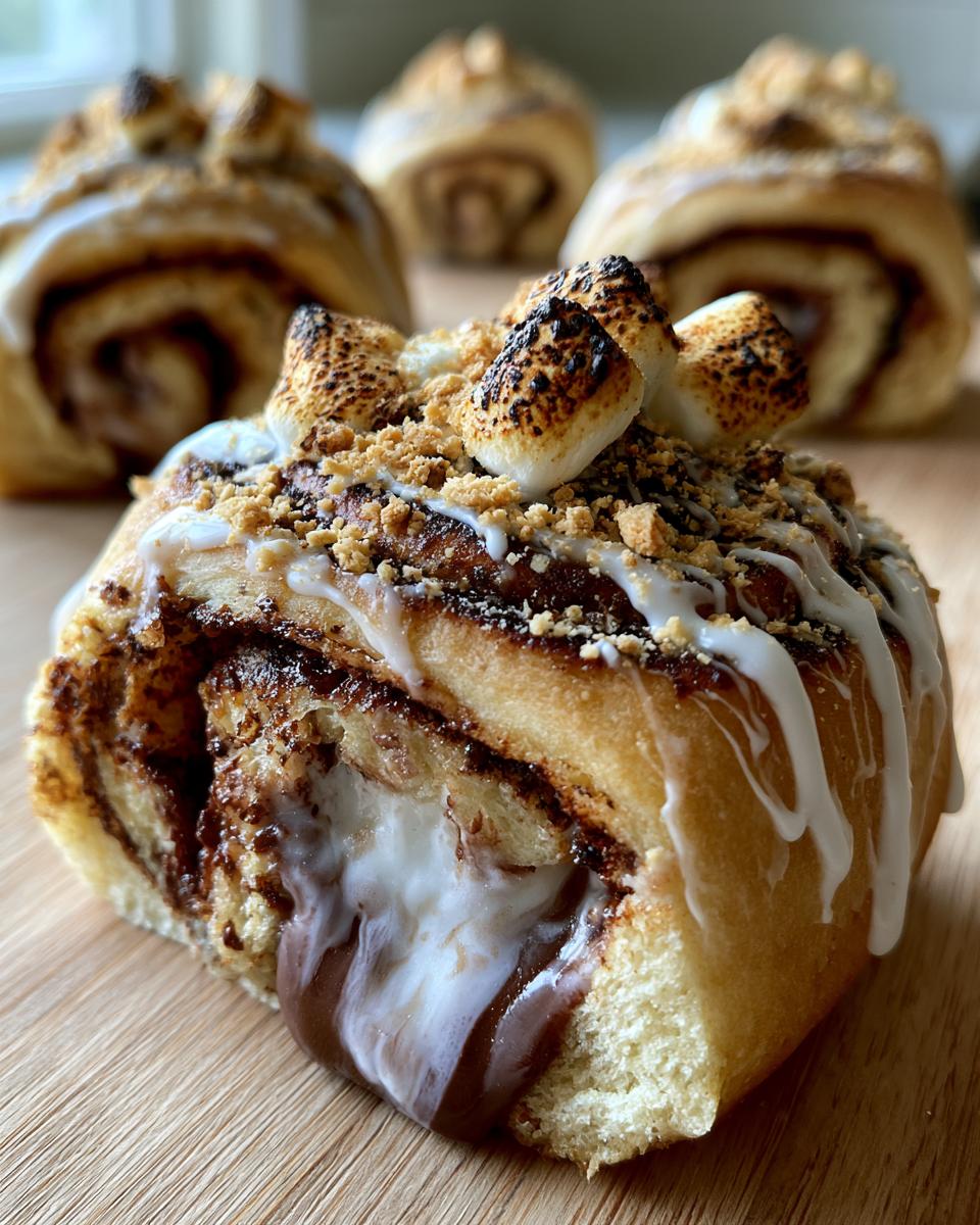 S'mores Sweet Rolls That Taste Like Campfire 4 A close-up of a S'mores Sweet Roll topped with toasted marshmallows, graham cracker crumbs, and drizzled icing.