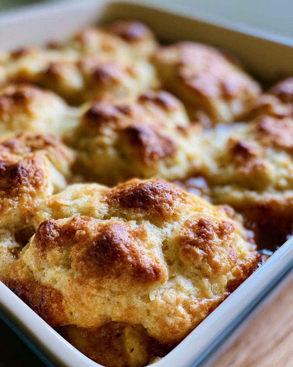 Southern Banana Cobbler: Pure Comfort in Every Bite 4 Close-up of a golden-brown Southern Banana Cobbler with fluffy biscuit topping baked in a white dish.