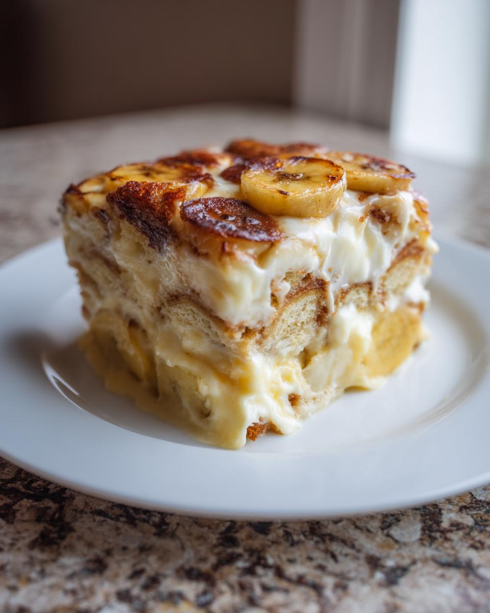 Heavenly Southern-Style Baked Banana Pudding 4 A slice of Southern-Style Baked Banana Pudding with layers of vanilla wafers, creamy custard, and caramelized bananas.