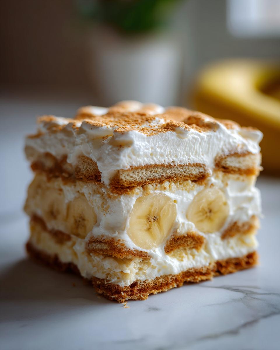 Heavenly Southern-Style Baked Banana Pudding 5 A delicious slice of Southern-Style Baked Banana Pudding with layers of cookies, bananas, and whipped cream.