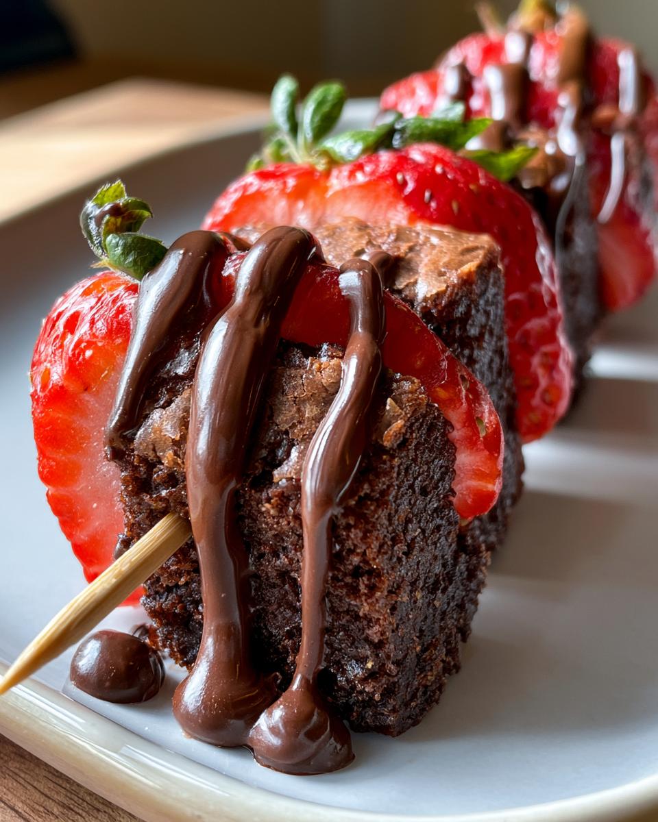 Strawberry Brownie Kabobs 15-Minute Party Hit 4 Close-up of Strawberry Brownie Kabobs drizzled with rich chocolate sauce on a white plate.