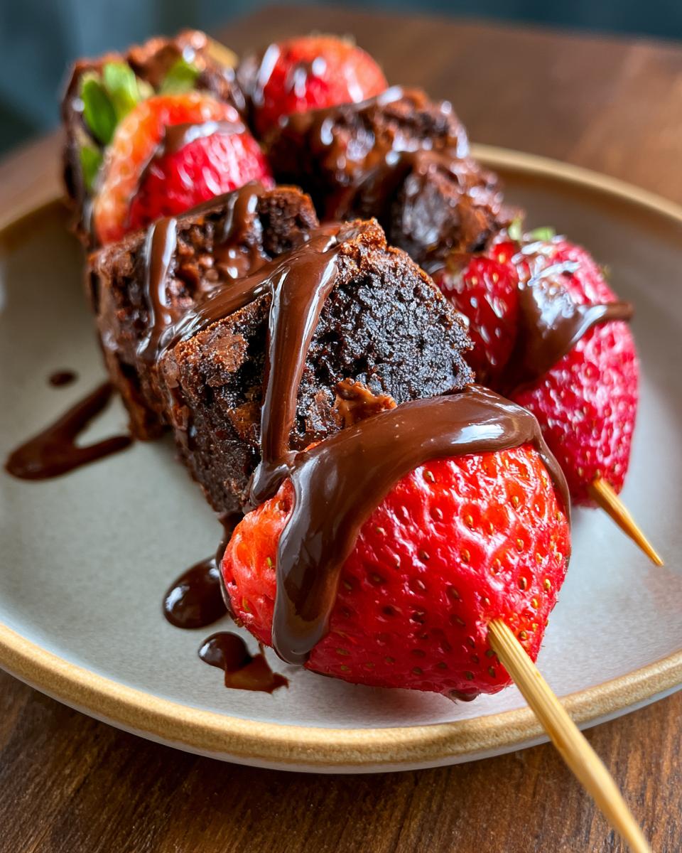 Strawberry Brownie Kabobs 15-Minute Party Hit 5 Close-up of delicious Strawberry Brownie Kabobs drizzled with rich chocolate sauce on a plate.