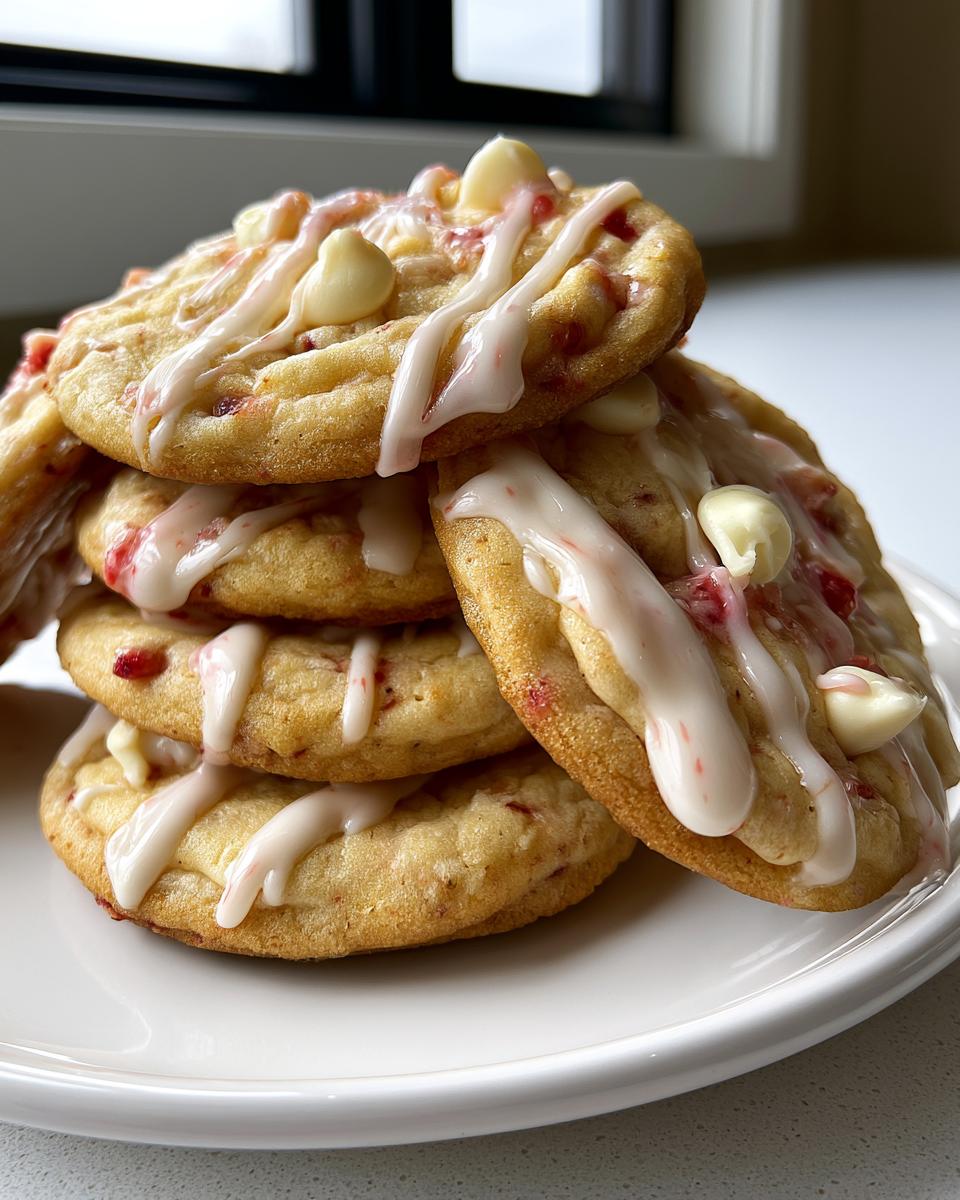 Strawberry Cheesecake Cookies So Soft They Melt 5 A stack of soft Strawberry Cheesecake Cookies drizzled with icing and studded with white chocolate chips.