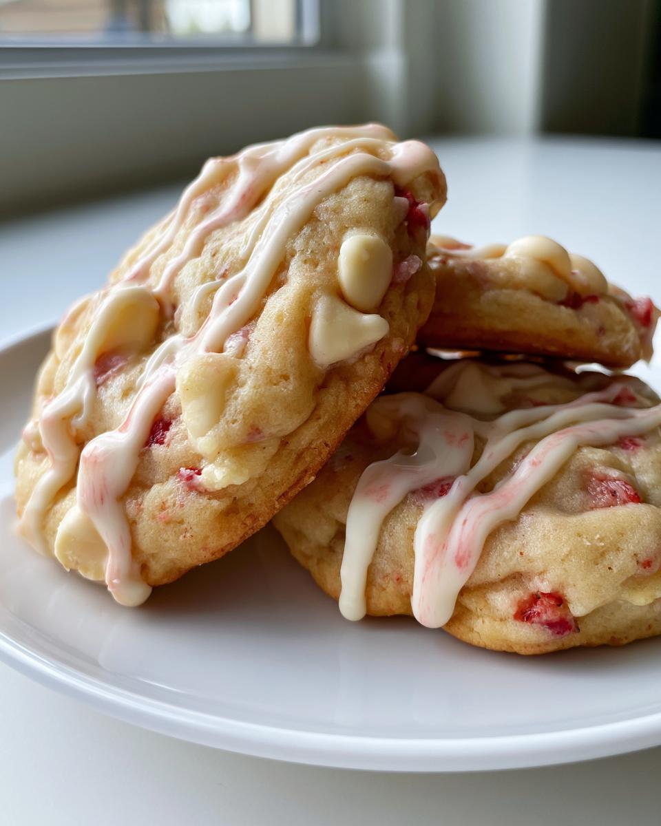 Strawberry Cheesecake Cookies So Soft They Melt 4 Close-up of soft Strawberry Cheesecake Cookies drizzled with white icing and studded with white chocolate chips.
