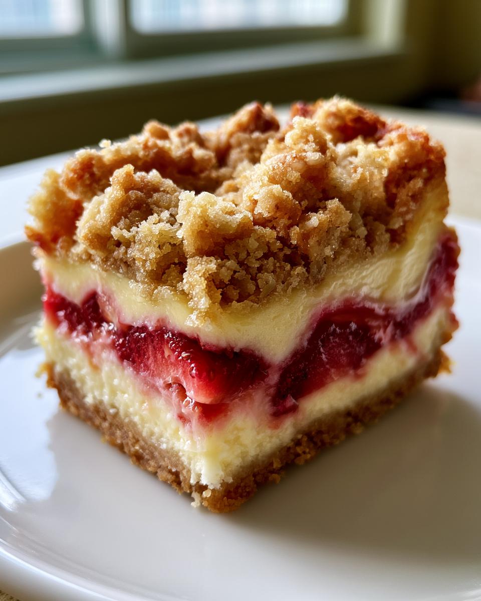 Irresistible 20-Minute Strawberry Cheesecake Crumble Bars 4 A close-up of a slice of Strawberry Cheesecake Crumble Bars, showcasing layers of cheesecake, strawberries, and crumble topping.
