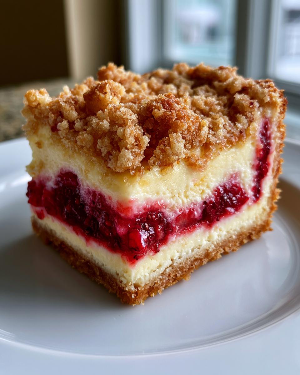 Irresistible 20-Minute Strawberry Cheesecake Crumble Bars 5 A close-up of a slice of Strawberry Cheesecake Crumble Bars on a white plate, showing the layers of crust, cheesecake, and strawberry filling.