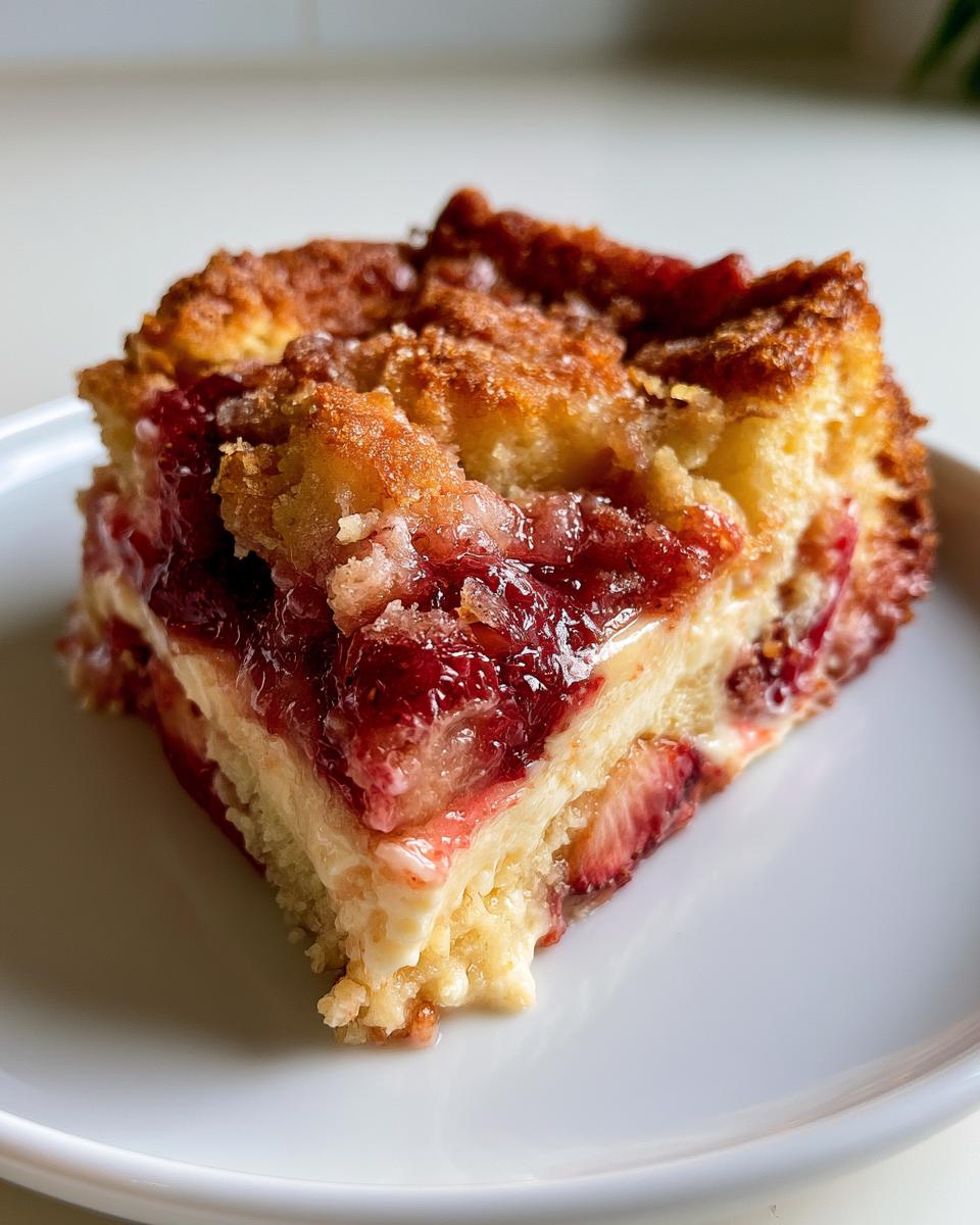 Strawberry Cheesecake Dump Cake Saves My Sanity 4 A delicious slice of Strawberry Cheesecake Dump Cake on a white plate, showing layers of cake, cream cheese filling, and strawberries.
