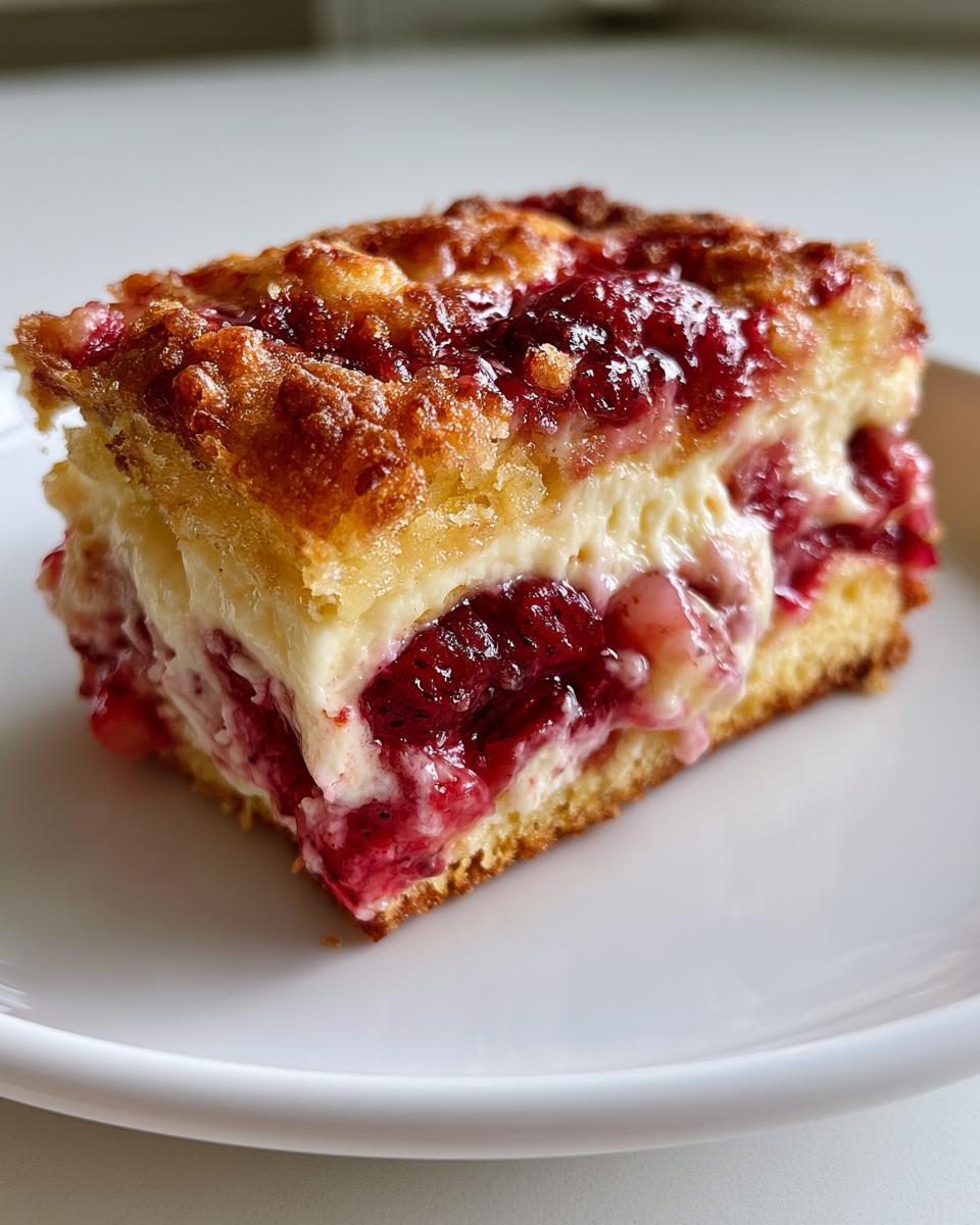Strawberry Cheesecake Dump Cake Saves My Sanity 5 A delicious slice of Strawberry Cheesecake Dump Cake with layers of cake, cream cheese filling, and strawberry topping.
