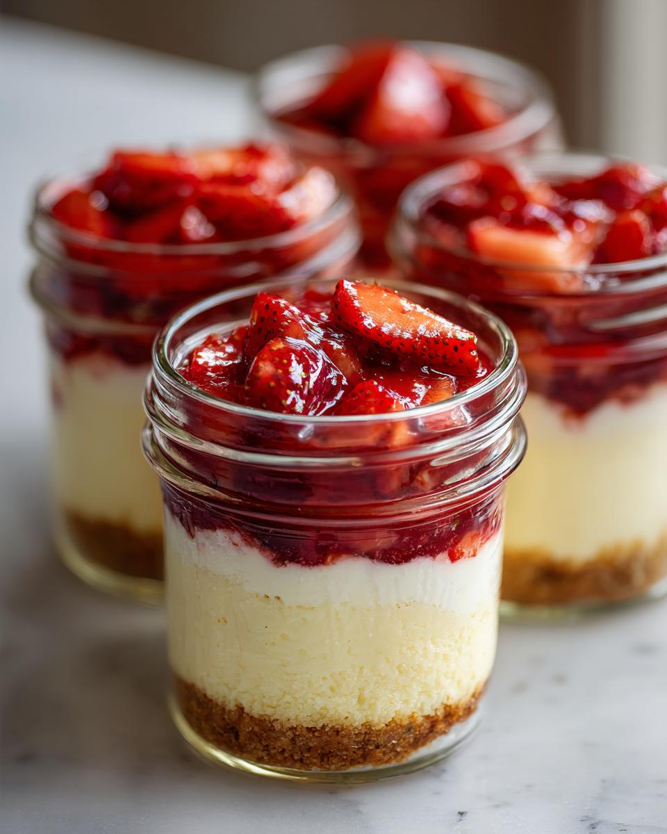 Decadent Strawberry Cheesecake in a Jar 5 Close-up of a decadent Strawberry Cheesecake in a Jar, showing layers of graham cracker crust, creamy cheesecake, and fresh strawberry topping.