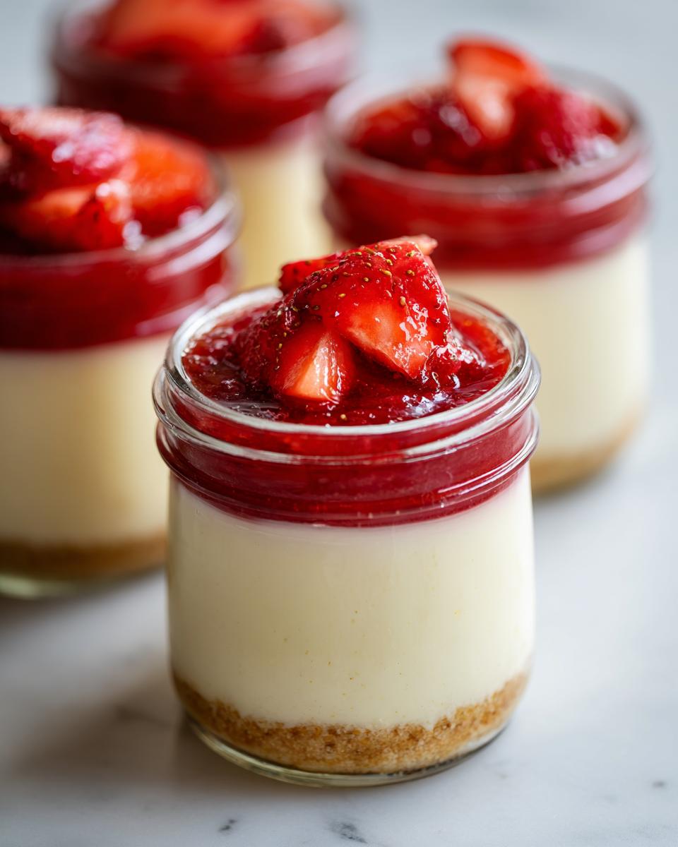 Decadent Strawberry Cheesecake in a Jar 4 Close-up of a delicious Strawberry Cheesecake in a Jar, showing the creamy filling, graham cracker crust, and fresh strawberry topping.