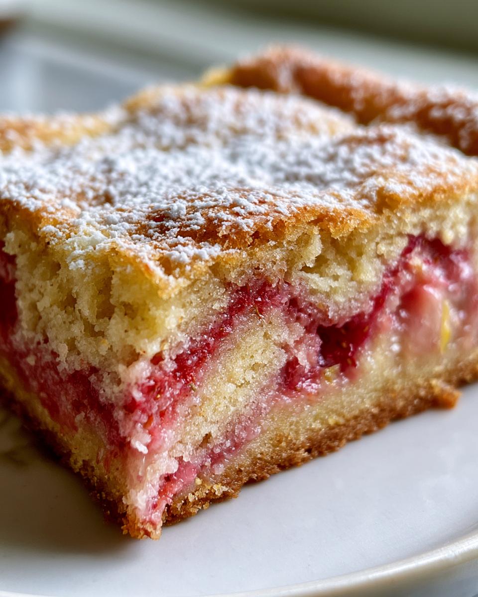 Strawberry Lemon Blondies – Easy Summer Dessert Bars 4 Close-up of a slice of Strawberry Lemon Blondies, dusted with powdered sugar, showing juicy strawberries and lemon zest.