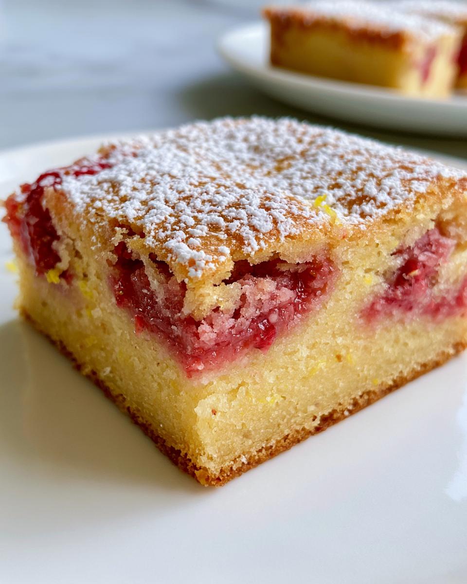 Strawberry Lemon Blondies – Easy Summer Dessert Bars 5 A close-up of a square Strawberry Lemon Blondie bar, dusted with powdered sugar, on a white plate.