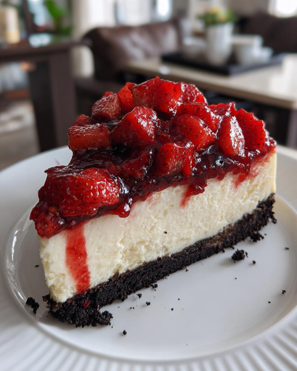 Delectable Strawberry Oreo Cheesecake Recipe 4 A delicious slice of Strawberry Oreo Cheesecake topped with fresh strawberries and strawberry glaze on a white plate.