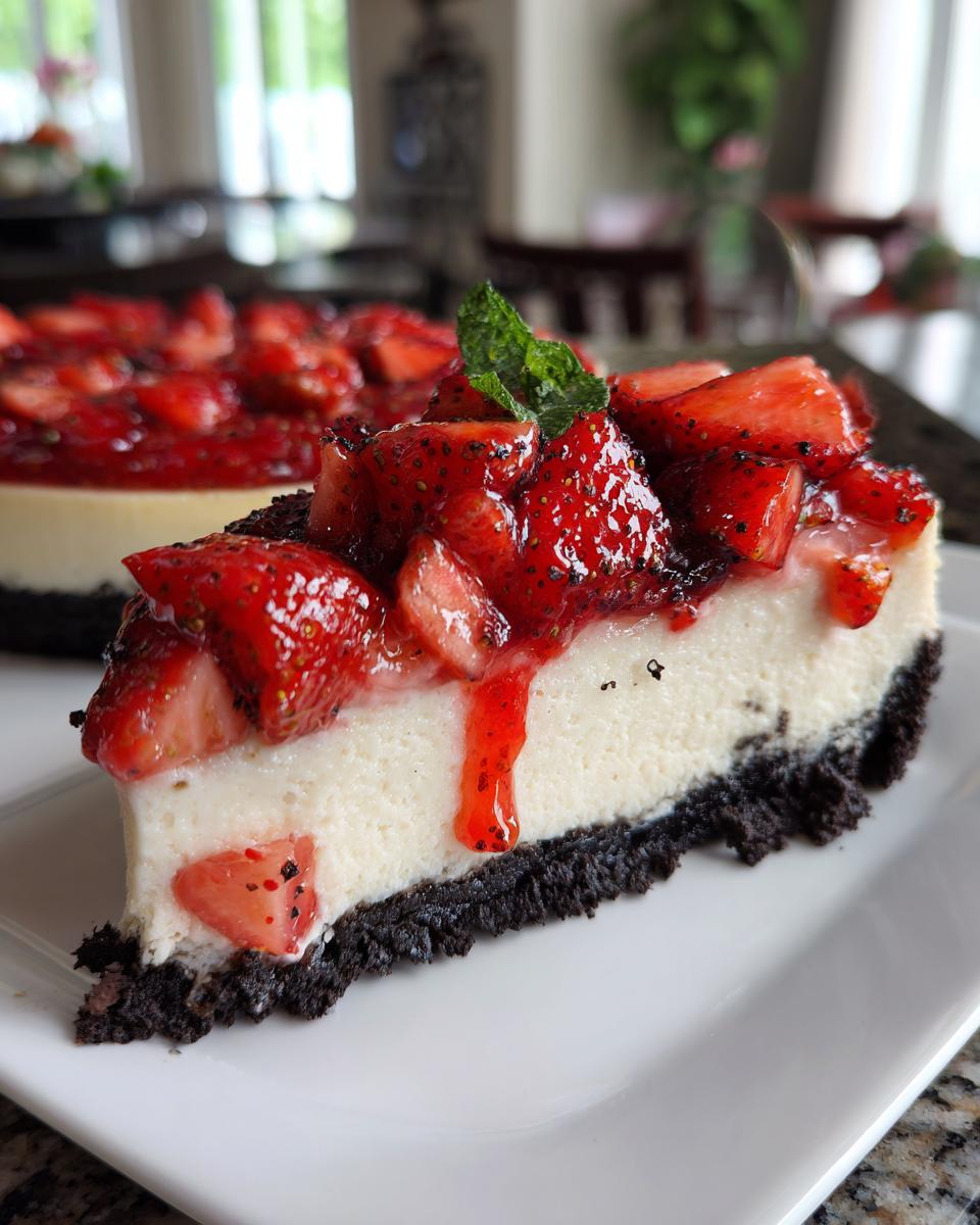 Delectable Strawberry Oreo Cheesecake Recipe 5 A slice of Strawberry Oreo Cheesecake topped with fresh strawberries and a mint leaf, showcasing the creamy filling and chocolate cookie crust.