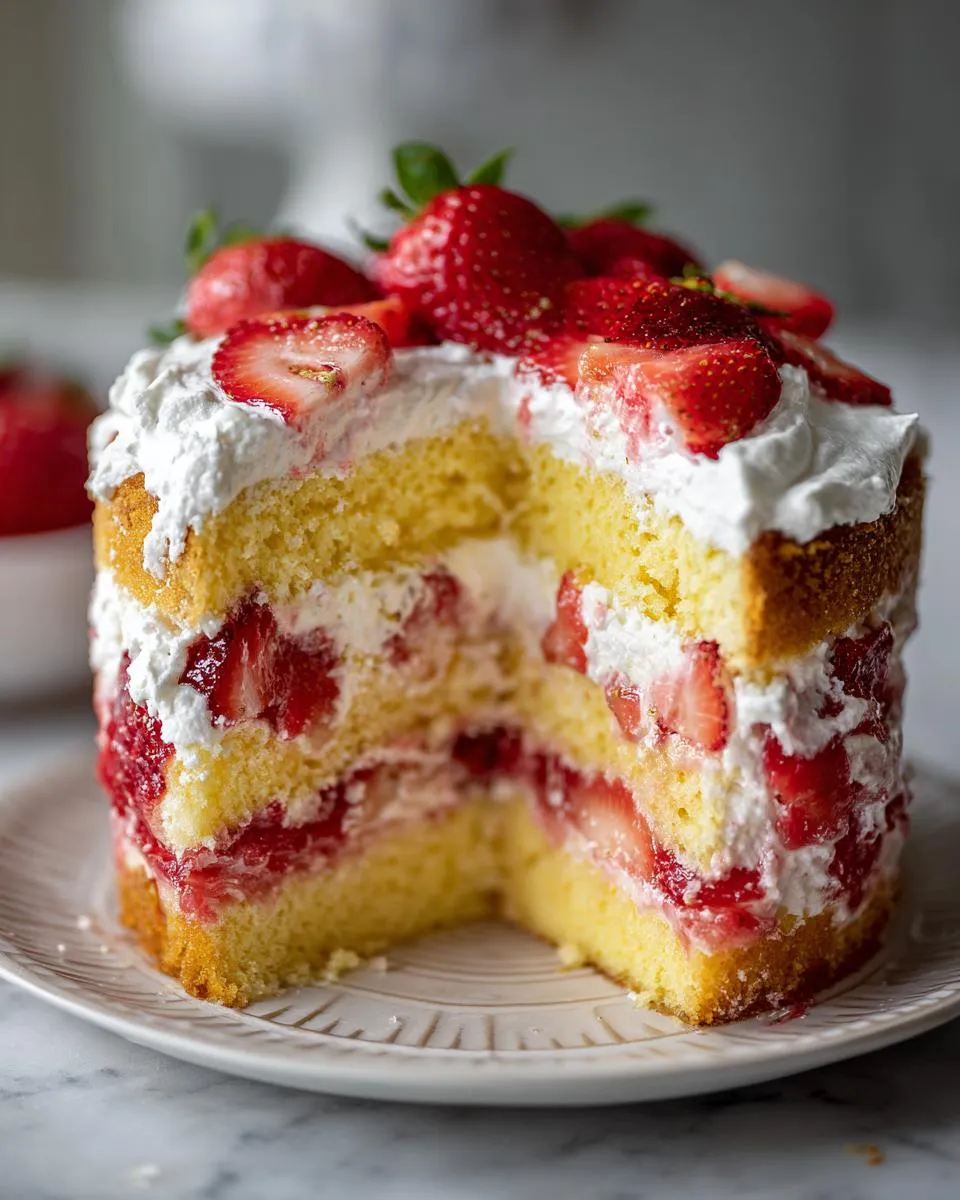 Perfect Strawberry Shortcake Punch Bowl Cake 4 A slice of Strawberry Shortcake Punch Bowl Cake with layers of sponge cake, whipped cream, and fresh strawberries.