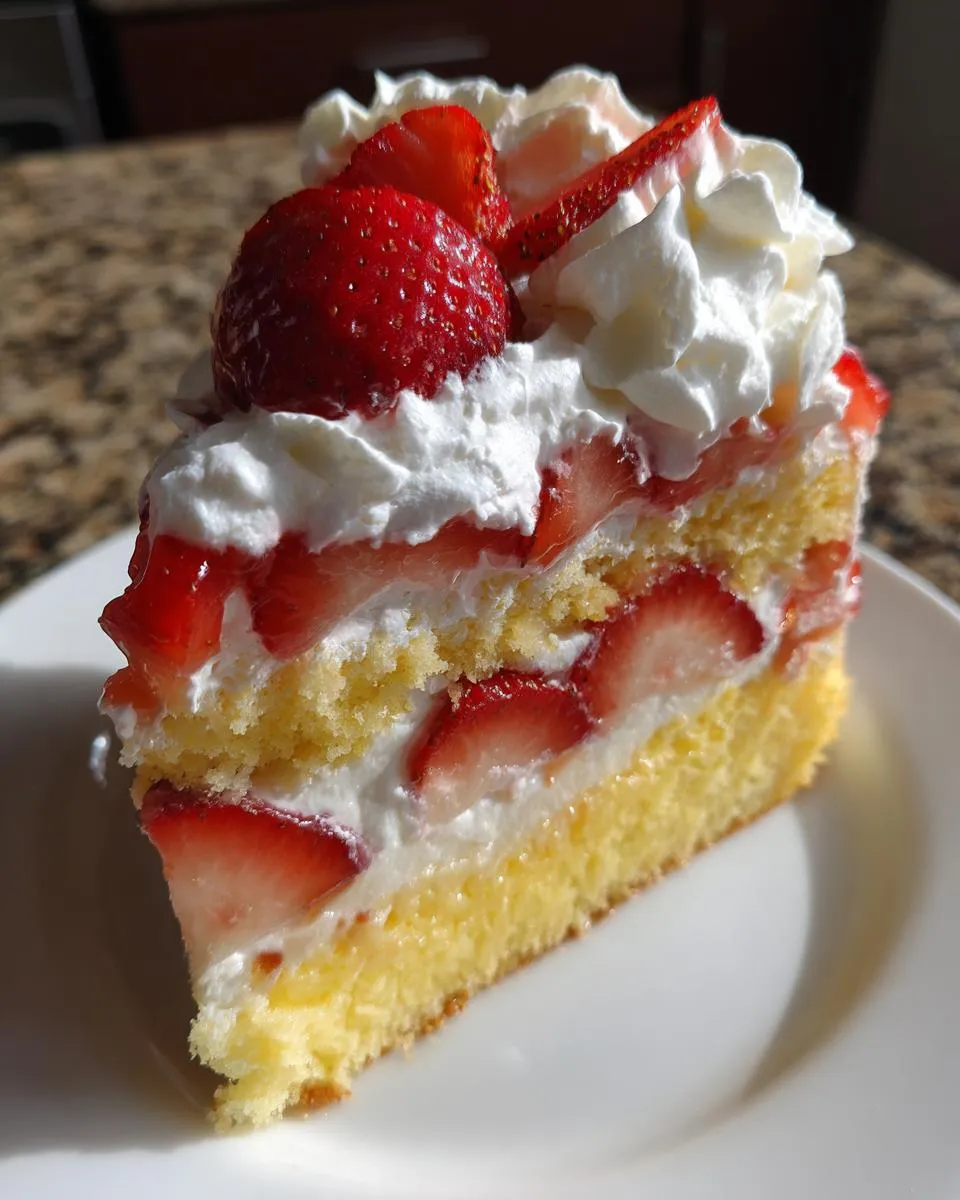 Perfect Strawberry Shortcake Punch Bowl Cake 5 A delicious slice of Strawberry Shortcake Punch Bowl Cake with layers of sponge cake, whipped cream, and fresh strawberries.