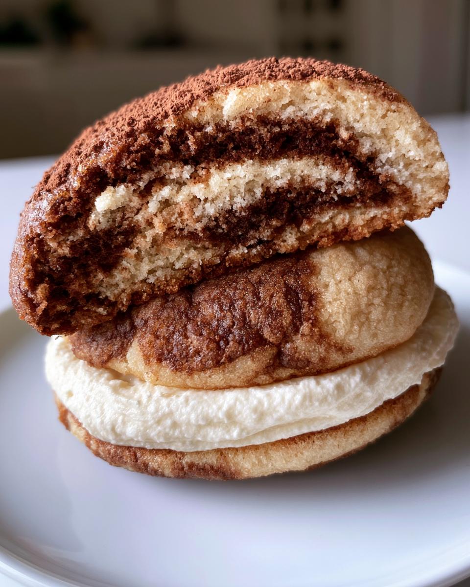 Tiramisu Cookie Recipe: Irresistible Coffee Magic 5 Close-up of a Tiramisu cookie recipe sandwich with creamy filling and cocoa powder dusting.