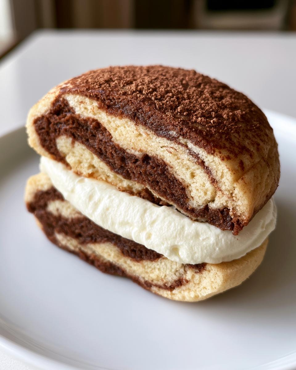 Tiramisu Cookie Recipe: Irresistible Coffee Magic 4 A close-up of a Tiramisu cookie recipe creation, featuring swirled chocolate and vanilla cookie layers filled with creamy mascarpone filling and dusted with cocoa powder.