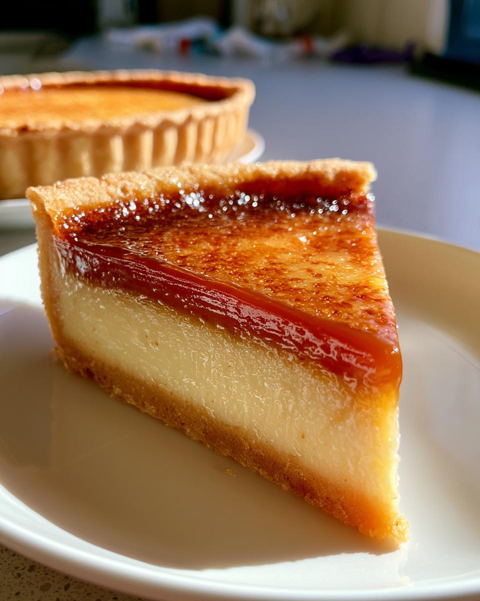 My Vanilla Caramel Custard Tart Is Irresistible 4 A close-up of a slice of Vanilla Caramel Custard Tart, showcasing the creamy custard and caramelized sugar topping.