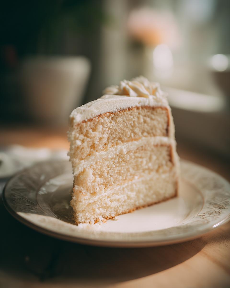 Perfect Vanilla Layer Birthday Cake Bliss 4 A slice of moist Vanilla Layer Birthday Cake with creamy frosting, ready to be enjoyed.