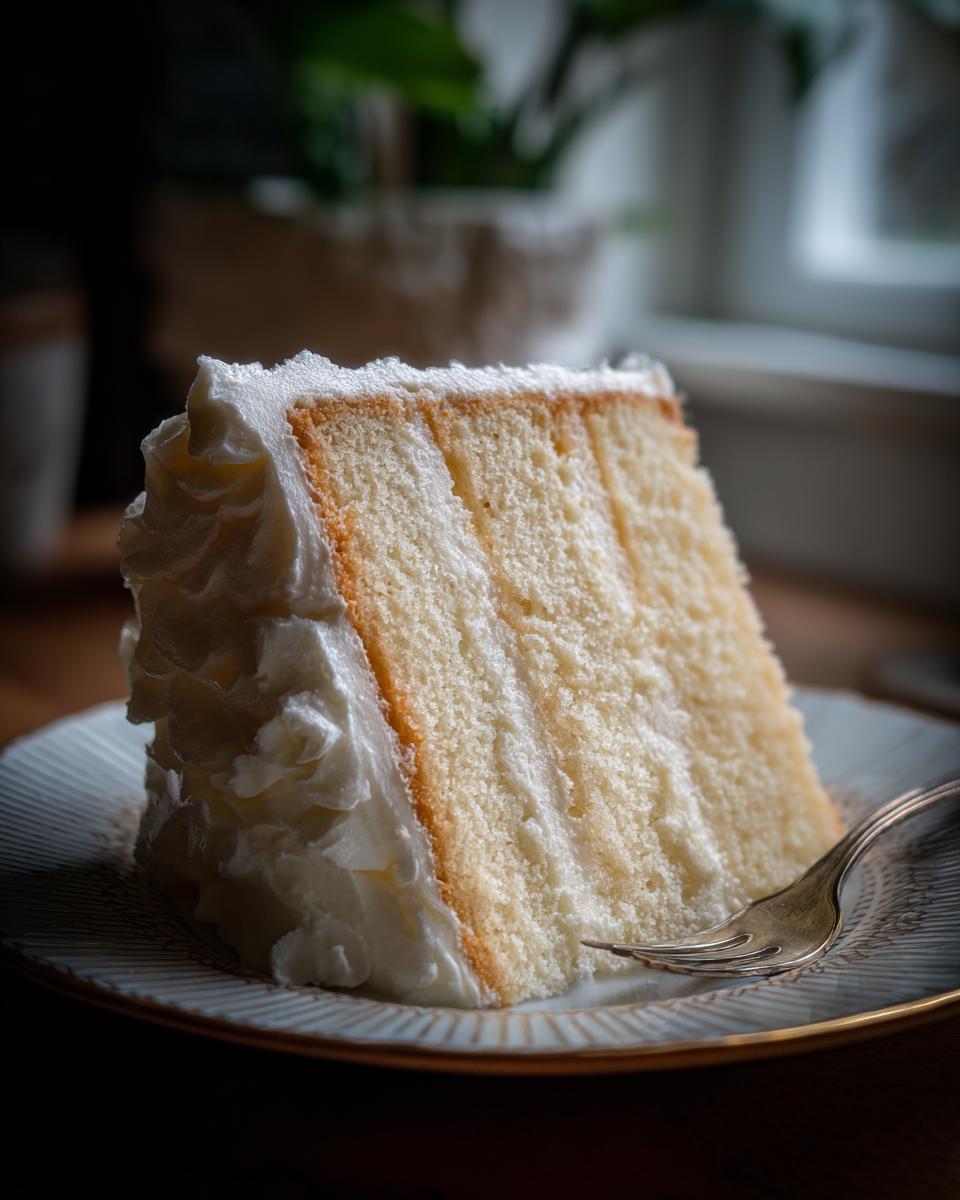 Perfect Vanilla Layer Birthday Cake Bliss 5 A slice of moist Vanilla Layer Birthday Cake with fluffy white frosting and delicate crumb.