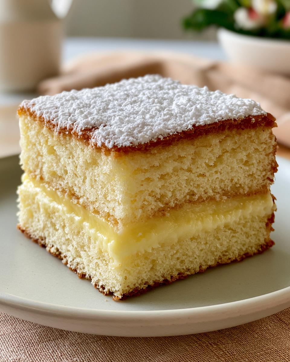 Vanilla Magic Custard Cake Creates Two Layers in One Oven 4 A slice of Vanilla Magic Custard Cake, showing two layers of cake separated by a thick custard filling, dusted with powdered sugar.