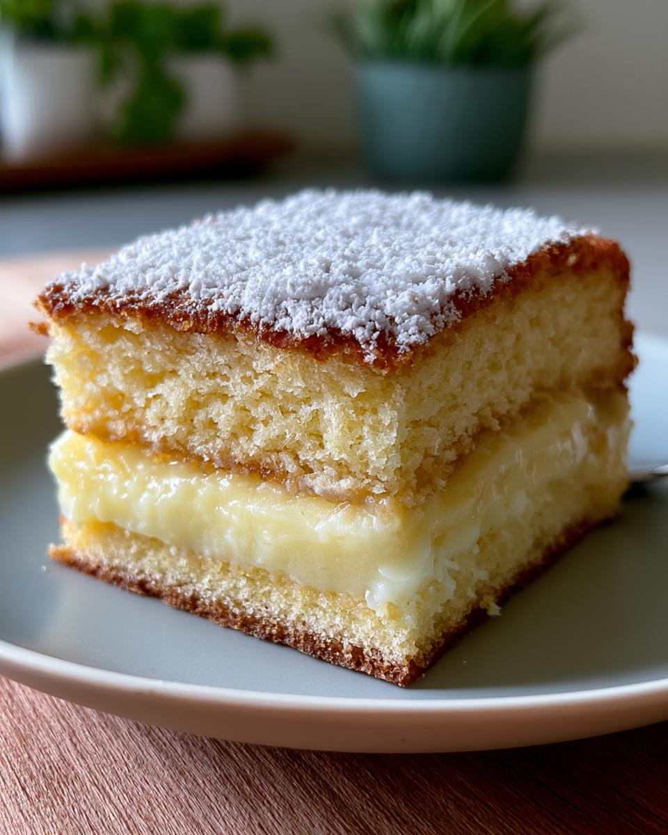 Vanilla Magic Custard Cake Creates Two Layers in One Oven 5 A slice of Vanilla Magic Custard Cake, showing two layers of cake separated by a thick custard filling, topped with powdered sugar.