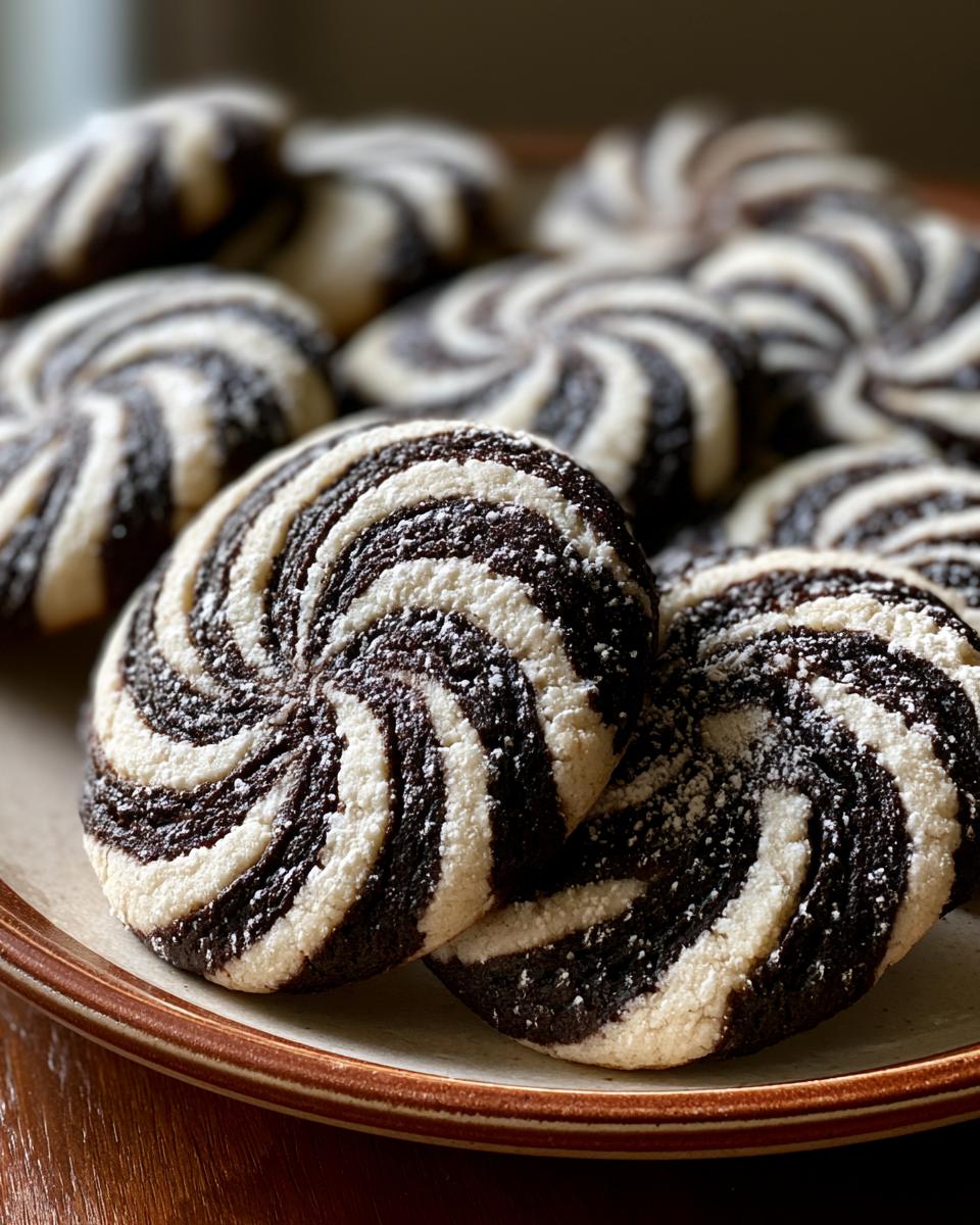 Zebra Cookies That Fool Even the Bakers 4 Close-up of delicious Zebra Cookies with black and white swirls, dusted with powdered sugar.