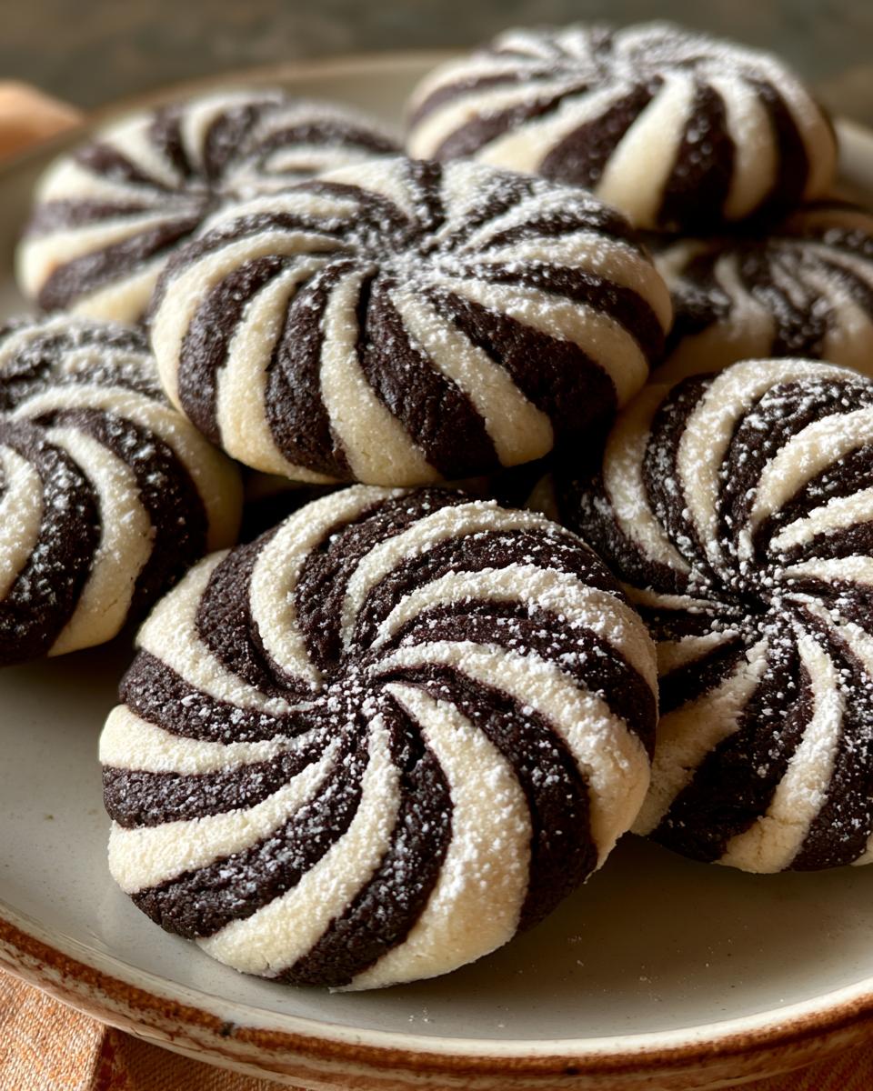 Zebra Cookies That Fool Even the Bakers 5 A close-up of a pile of freshly baked Zebra Cookies, dusted with powdered sugar, showcasing their distinctive black and white swirls.